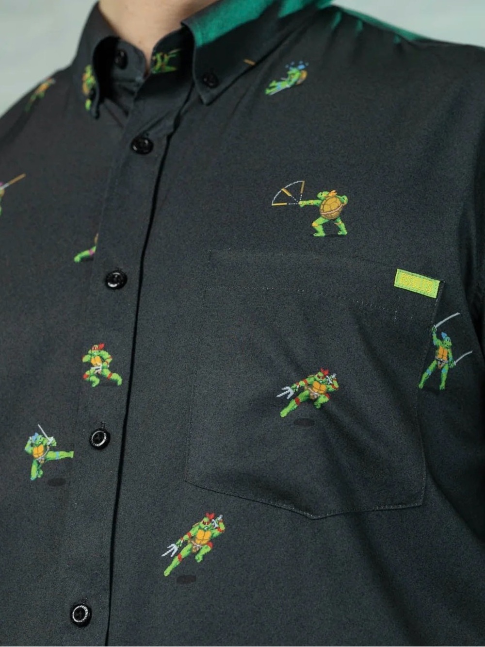 RSVLTS Black Short-Sleeve Button-Down with Green Turtle Print
